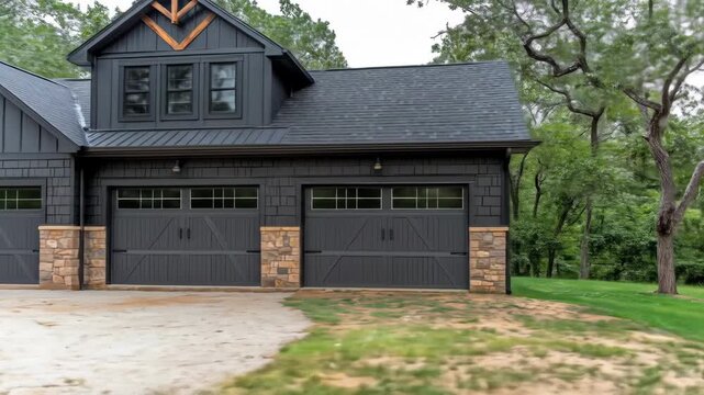 Gray three-car garage with stone pillars and dormer