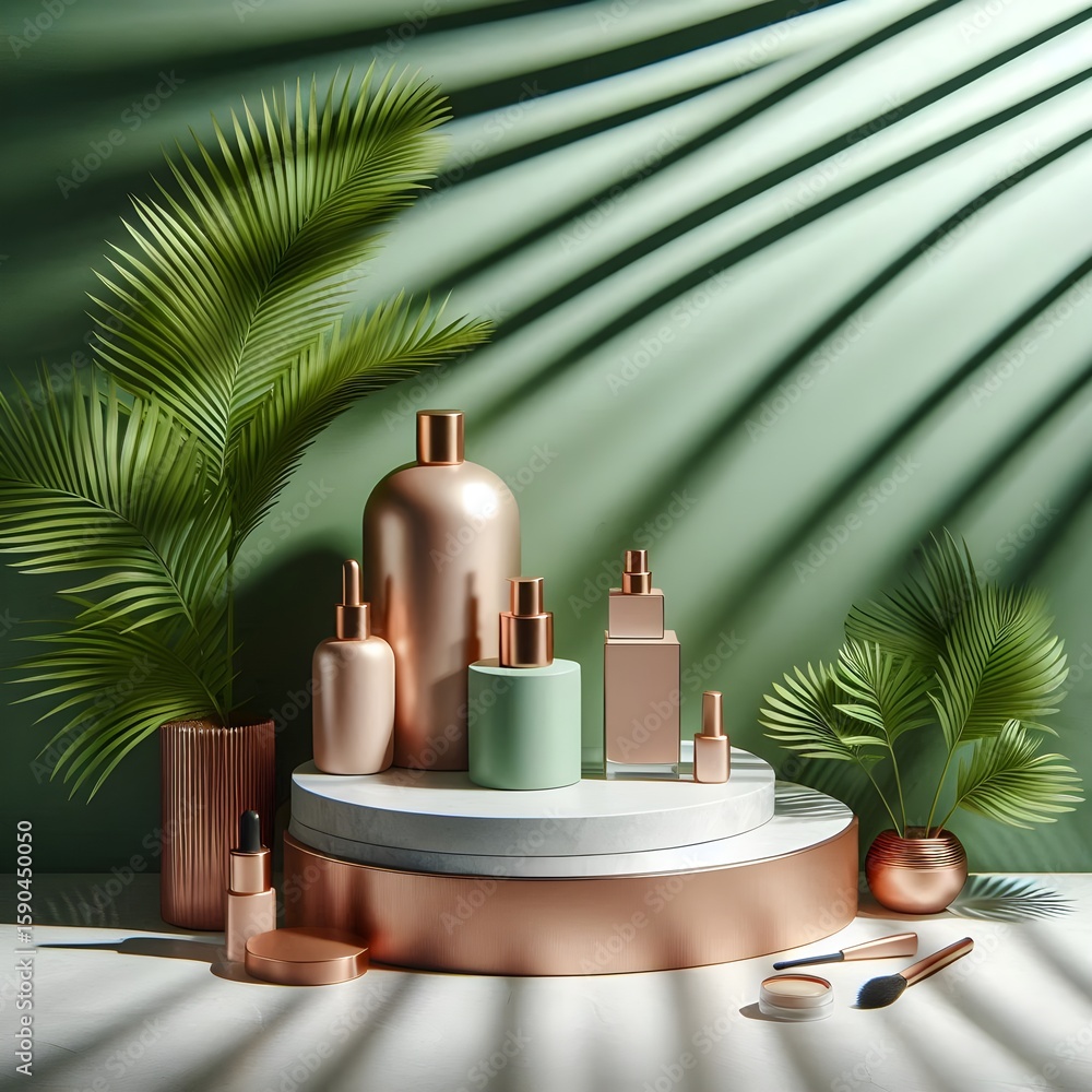 Poster clean botanical product scene with abstract green tones and palm leaf shadows in elegant soft lighti