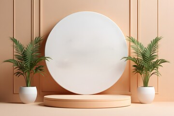 Modern Brand Mockup with Palm Plants and Circular Podium - Salon or Spa Concept
