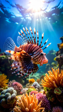 Pez le&oacute;n entre corales con aletas extendidas, en primer plano dram&aacute;tico bajo iluminaci&oacute;n c&aacute;lida y entorno marino tropical lleno de textura.