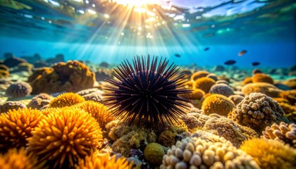 Erizo de mar  sobre fondo coralino en zona costera iluminada naturalmente