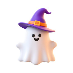 Fototapeta premium Cute cartoon ghost wearing a purple witch hat with orange band isolated on transparent background
