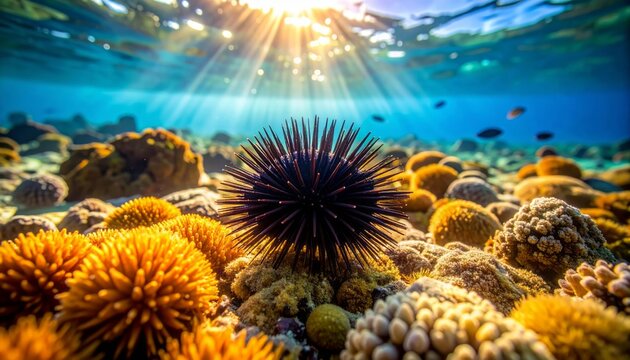 Erizo de mar  sobre fondo coralino en zona costera iluminada naturalmente
