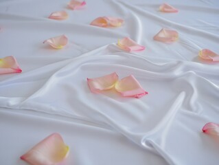 Rose Petals Scattered on White Silk Sheet - Romantic Still Life