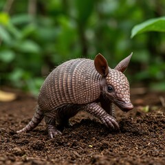 Fototapeta premium Detailed Macro: Baby Armadillo Digging in Tropical Jungle Dirt, 8K Masterpiece.