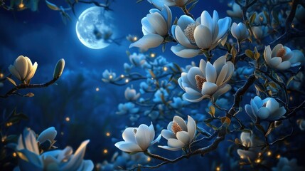 Moonlight magnolia blossoms in a mystical night garden