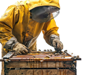 Beekeeper at Work with Honeybox Isolated on Transparent Background