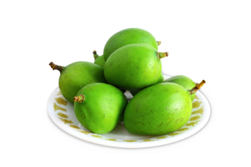 fresh young green mango in plate, best for Indian mango pickle, mango chundo, amchur powder, also known in India as young Hapus, Ratnagiri, Alphonso, Kesar mango,cutout in transparent background, png 