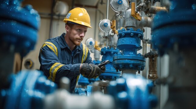 Industrial worker in a yellow hardhat and safety gloves inspecting and adjusting valves in a chlorination skid setup at a water treatment plant for optimal efficiency