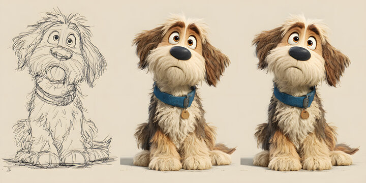 Puppy character design stages, from sketch to 3d rendering