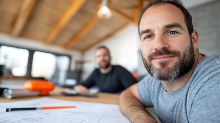 Architect engaged in detailed blueprint work in a modern studio environment