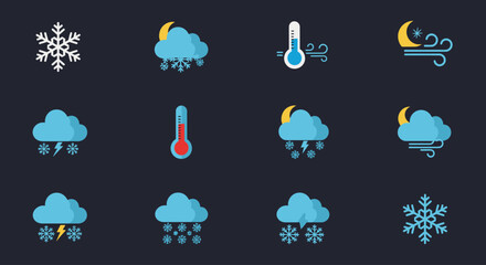 A collection of twelve flat-design weather icons depicting various winter and night weather conditions.