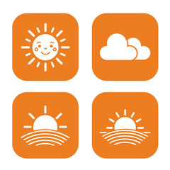 Four simple weather icons: smiling sun, clouds, sunrise, sunset.
