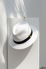 Minimalist White Fedora Hat on White Wall with Soft Shadows