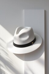 Minimalist White Fedora Hat on White Wall with Soft Shadows