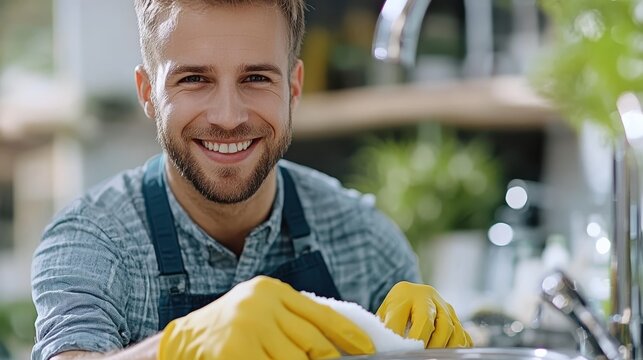 Efficient young woman washing dishes in sparkling kitchen - Powered by Adobe