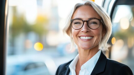 Mature businesswoman steps out of car with a radiant smile in the city