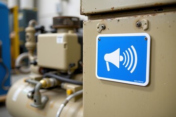 Industrial Loudspeaker Alert: A close-up shot of an industrial machine features a blue sign of a loudspeaker. This photograph evokes a sense of alert and safety in a technological environment. 