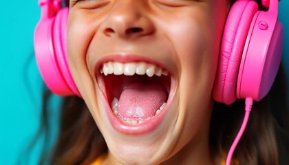 A cheerful young girl wearing bright pink headphones sings along enthusiastically, her eyes closed and mouth wide open with pure joy.