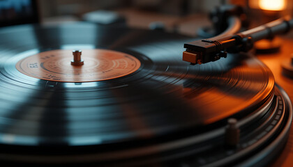 Vinyl Record Player: Close-Up of Rotating LP AI Generated