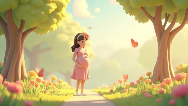 Animated Pregnant Woman Standing in Sunny Park with Flying Butterflies