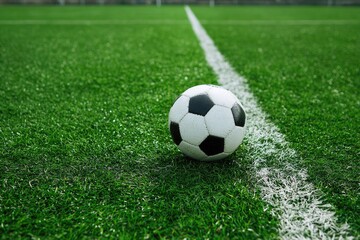 Fototapeta premium A classic black-and-white soccer ball rests on a vibrant green artificial turf field, near a crisp white sideline
