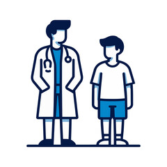 Doctor and patient artwork presents a stylized medical consultation with a child in a simplified illustration showing healthcare.