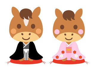 午年の着物姿の干支カップルイラスト