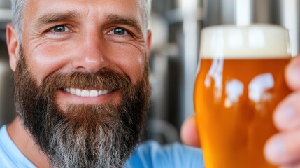 Craft beer master evaluating a freshly brewed pint in family brewery