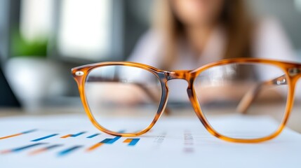 Businesswoman analyzing data through eyeglasses with bar graph on table