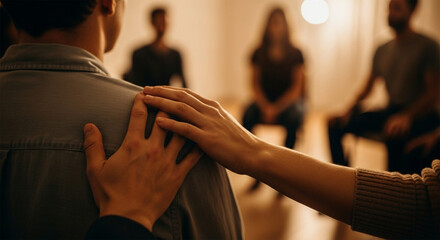 Supportive hand rests on shoulder during a group therapy session.