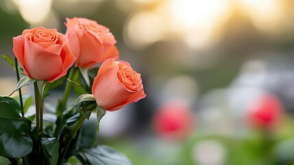 Close-up view of vibrant red roses blooming in soft evening light