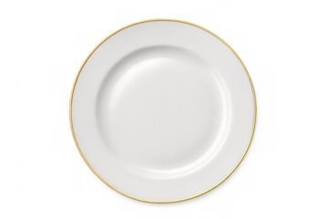 White porcelain plate featuring delicate gold rimming, displaying elegant dining surface against transparent backdrop