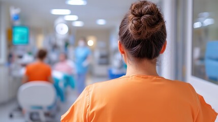 Female doctor focuses intently on patients in a bustling clinic environment