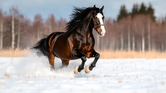 Majestic icelandic horse galloping across the snowy landscape under blue skies