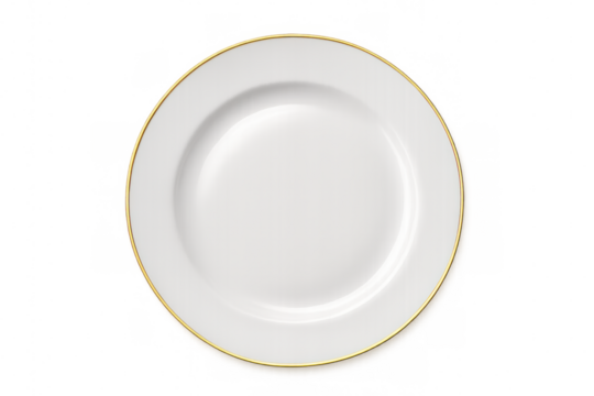 White porcelain plate featuring delicate gold rimming, displaying elegant dining surface against transparent backdrop
