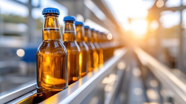 Beers glimmering in sunlight on production line inside brewery plant