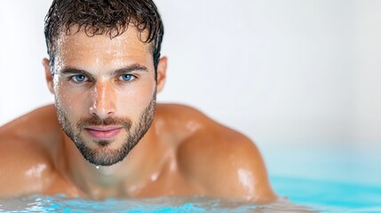 Ready for action, the male swimmer prepares to dive into the water