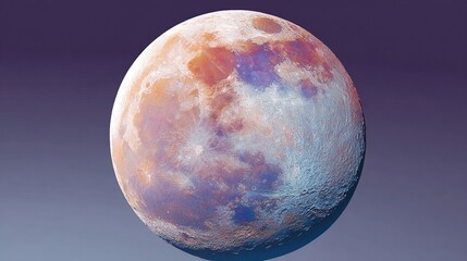 Color-enhanced textured full moon with orange, blue, and purple hues, against a gradient sky
