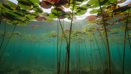 Underwater View of Lily Pads Reaching for Sunlight in a Serene Pond - Powered by Adobe