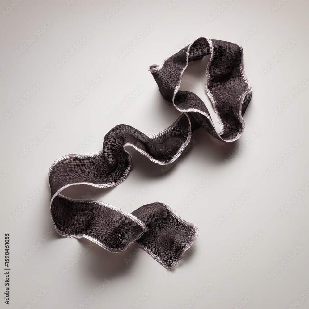 Poster a dark, ruffled fabric ribbon with white edges is displayed against a light background, creating a f