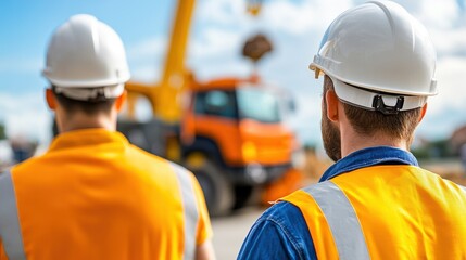 Engineers collaborating on construction site with heavy machinery nearby