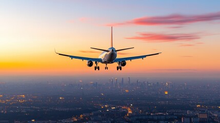 Colorful sunset flight over city skyline with landing airplane at dusk