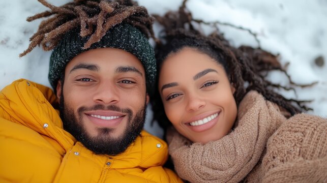 Couple embracing warmly in the snowy embrace of a tranquil winter forest
