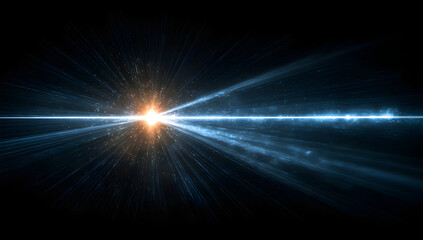 A striking blue laser beam against a black background with light rays radiating outward.