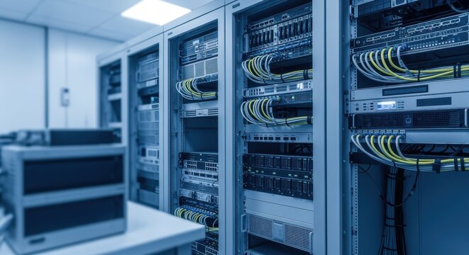 Illuminating cables and servers fill a modern server room, efficiently managing and processing vast amounts of big data vital for business and technology operations - Powered by Adobe