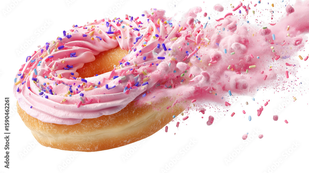 Poster flying frosted sprinkled donuts. set of multicolored doughnuts with sprinkles isolate on color backg