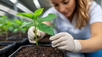 Female botanist inspects plant growth during quality control in greenhouse