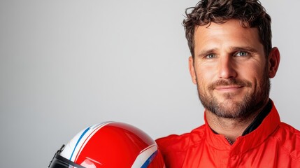 Smiling man racer in red uniform with helmet showcases enthusiasm
