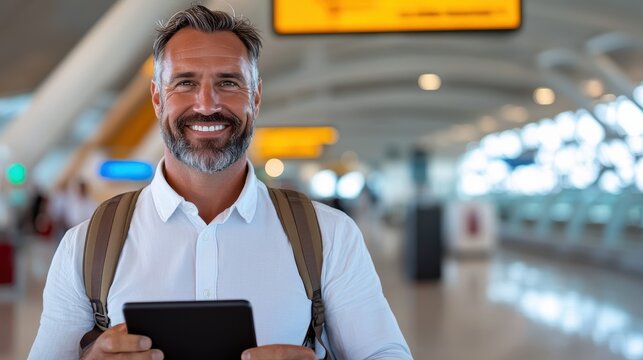 Business traveler using tech while waiting at the airport